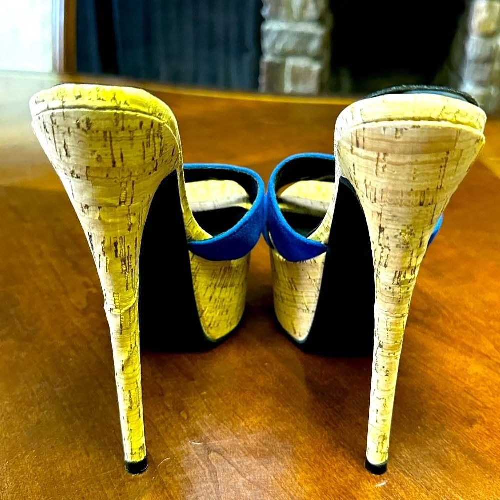 FSJ Blue Suede Cork Platform High Heels
